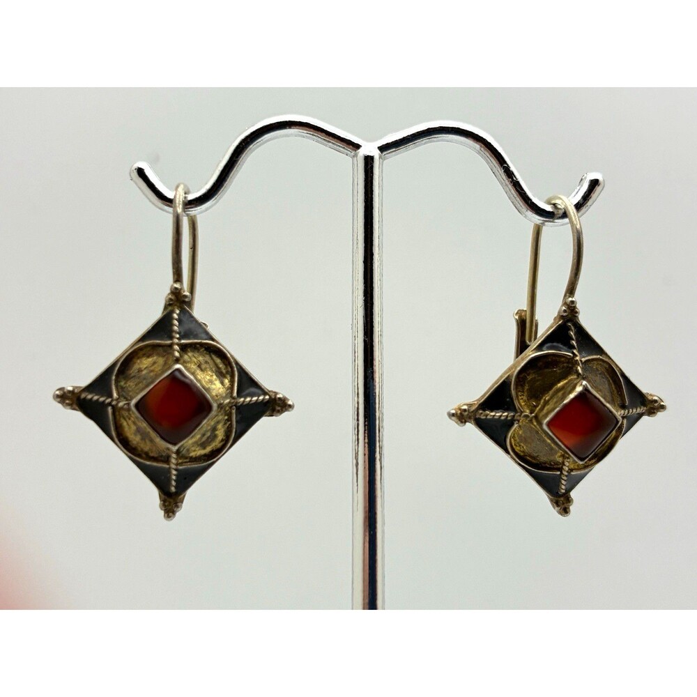 China 925 Sterling Silver Carnelian Enamel Dangle Earrings Gold Tone VTG